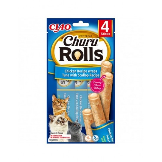 Ciao Churu Rolls Σνακ Γάτας Με Κοτόπουλο, Τόνο Και Χτένι 4 x 10 gr