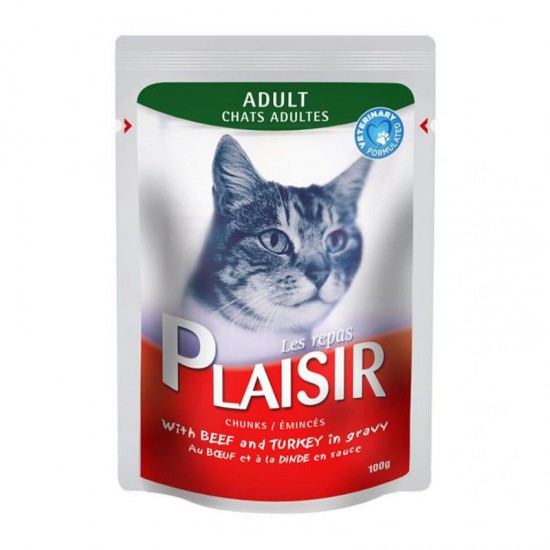 PLAISIR CAT POUCH ADULT BEEF & TURKEY 100G